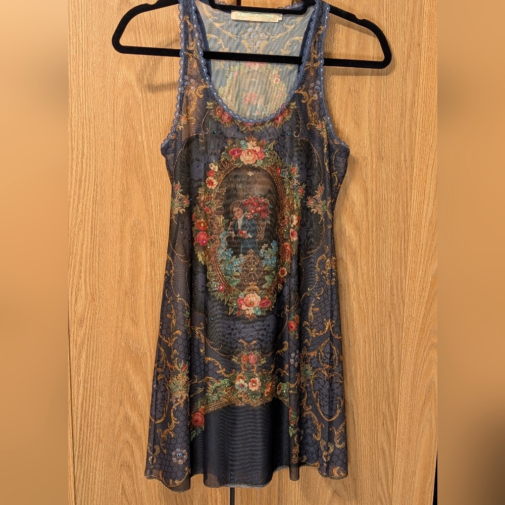 Michal Negrin Navy and Gold Floral Mini Dress